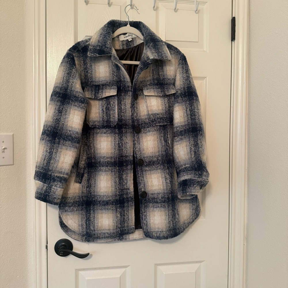Sebby Blue and Cream Textured Jacket plaid fall winter layer